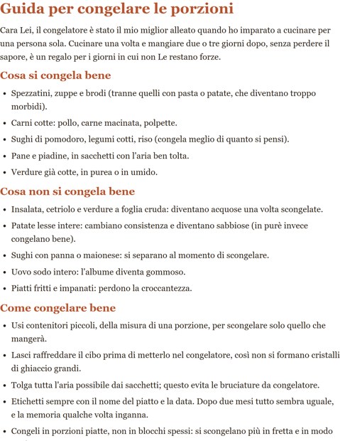 Pagina del libro: guida per congelare le porzioni